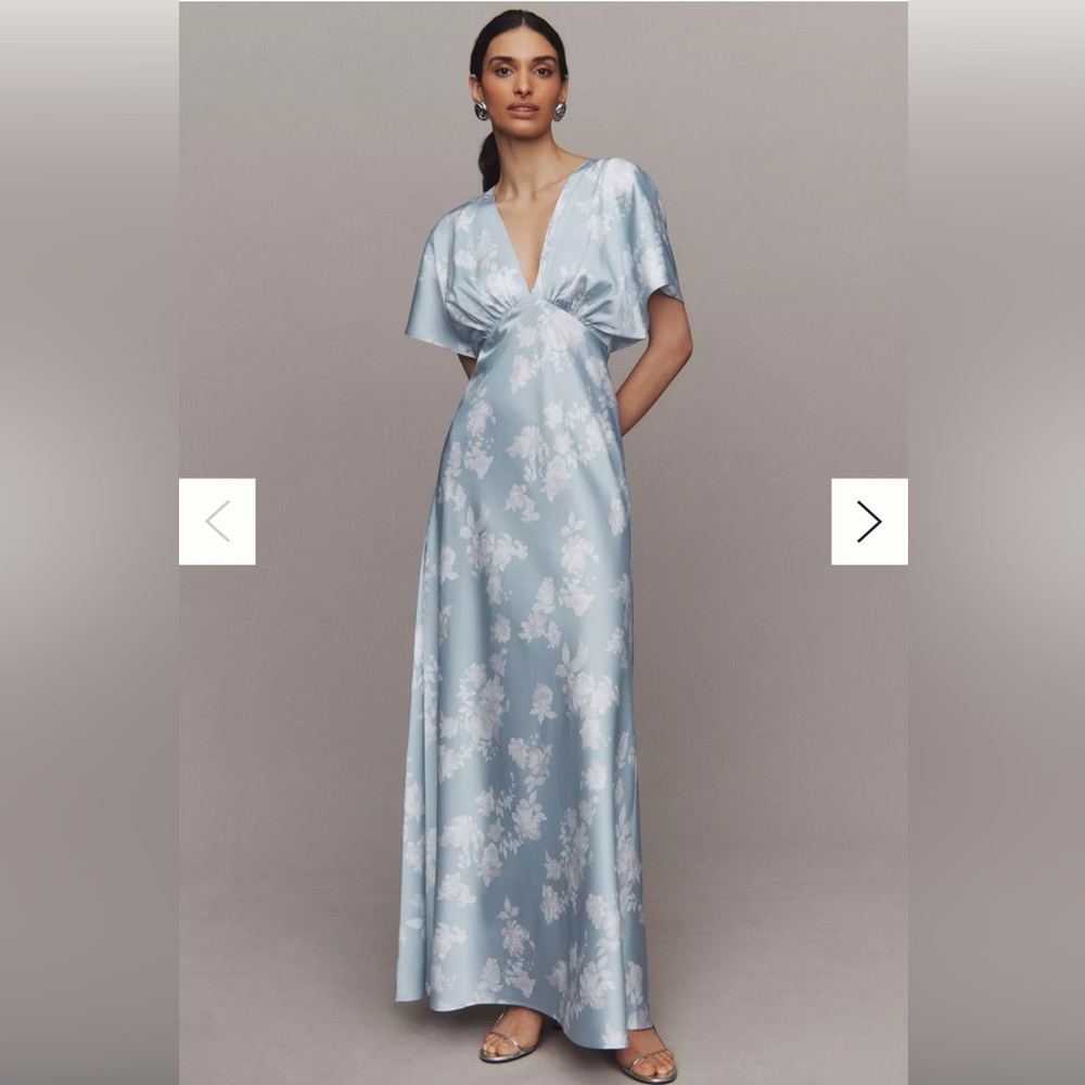 BHLDN Blue Flutter Sleeve Plunge Gown